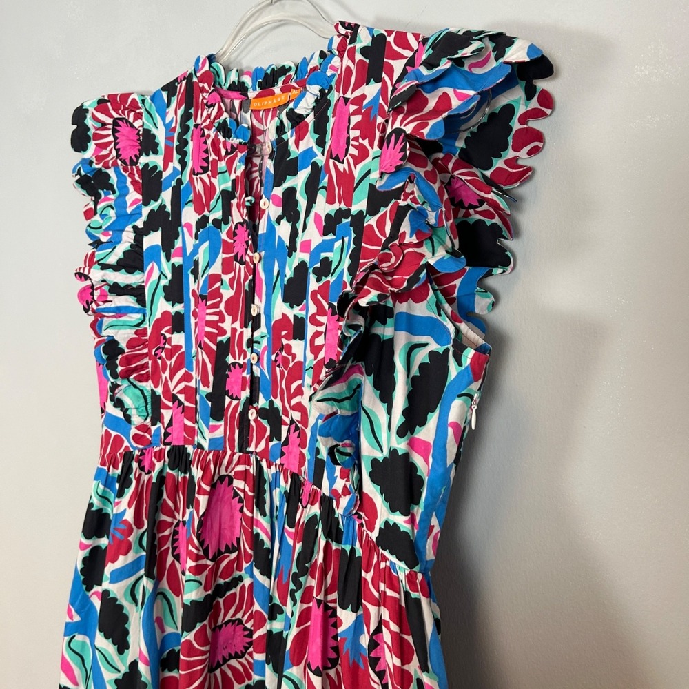 Oliphant size XL maxi dress tiered scalloped ruffle colorful floral cotton boho - Picture 7 of 16